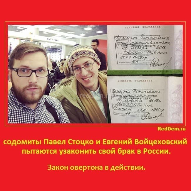 содомиты Павел Стоцко и Евгений Войцеховский пытаются узаконить свой брак в России.